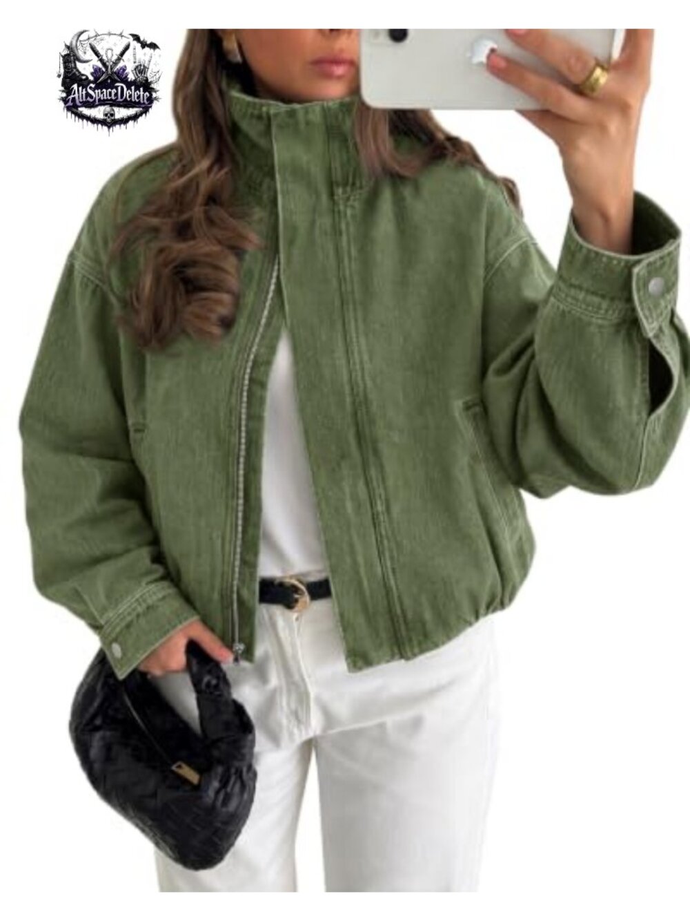 Cropped Denim Bomber Jacket Zip Up Jean Coat Long Sleeve Casual